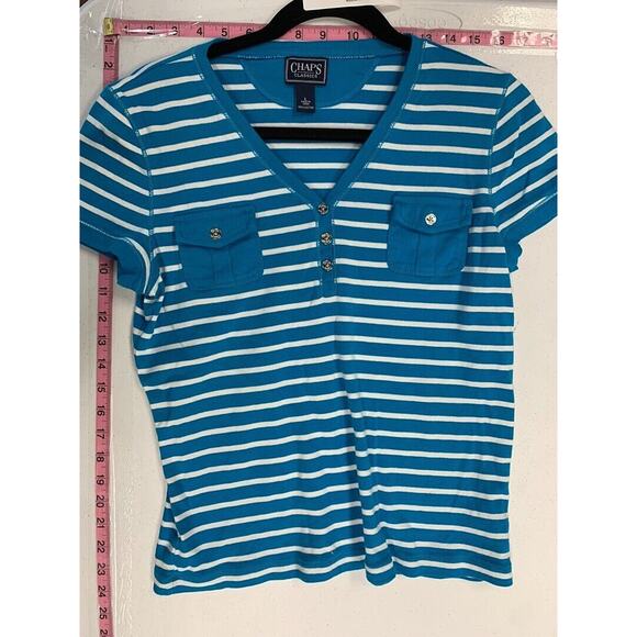 Chaps Womens Striped Blue & White V-Neck Short Sleeve Shirt With Button Accents - Picture 5 of 5
